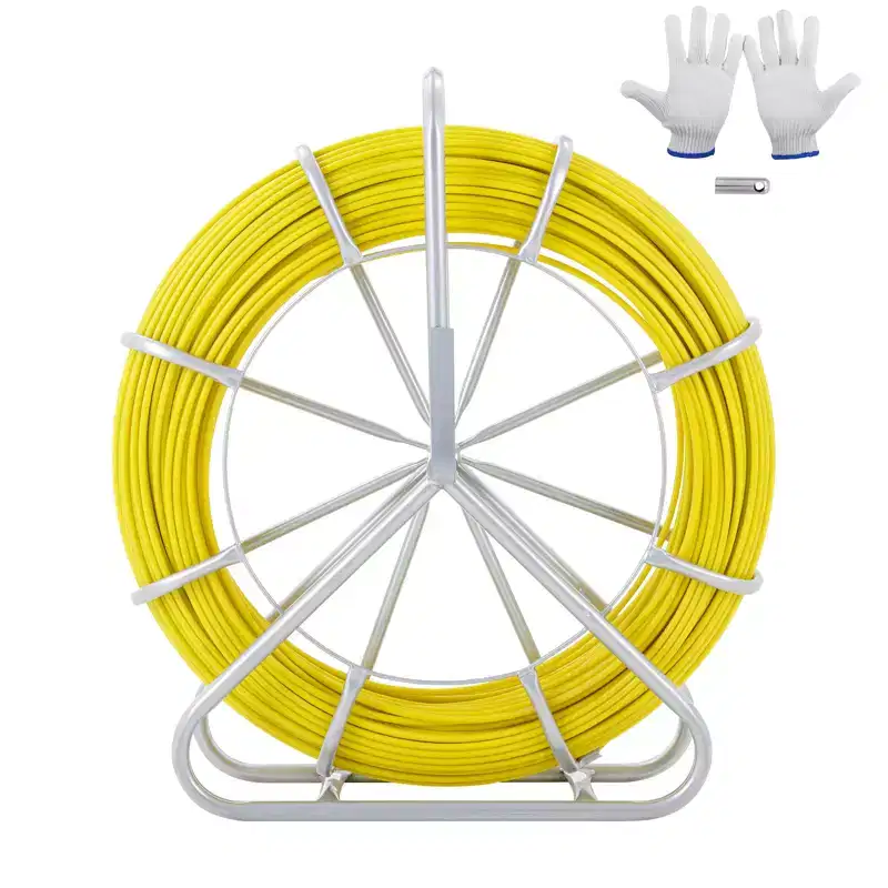 VEVOR Fish Tape Fiberglass, 656 ft, 1/4 inch, Duct Rodder Fishtape Wire Puller, Cable Running Rod with Steel Reel Stand, 3 Pulling Heads, Fishing Tool
