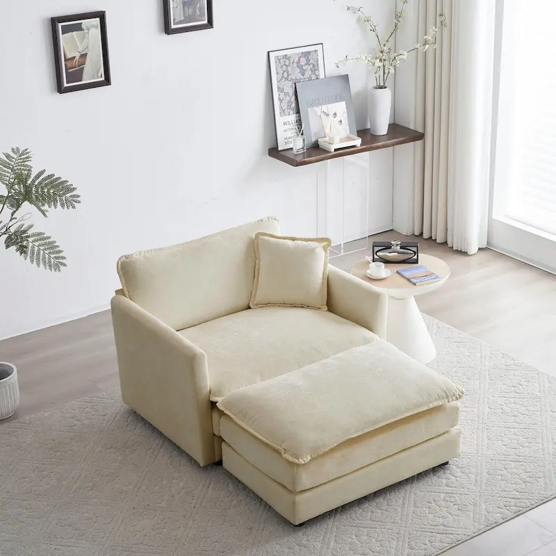 Beige Chenille Single Sofa with Ottoman and Double Cushion Seat