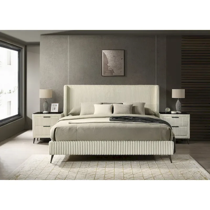 Roundhill Furniture Mavela Wide Wale Corduroy Upholstery Panel Bed with 2 Nightstands, Cream