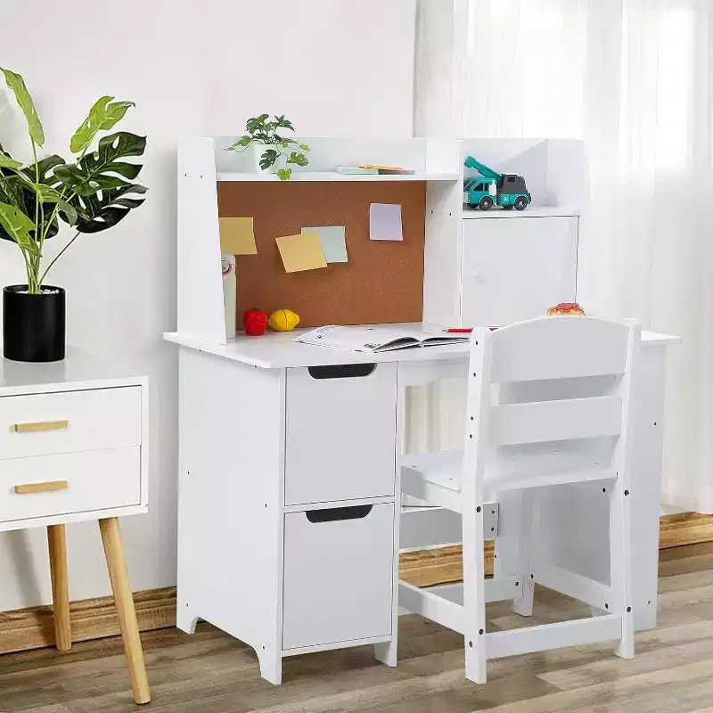 Wooden Desk with Hutch, Bookshelf, Storage Cabinets & Cork Board  Table & Chair Set for Home School, Boys & Girls, White
