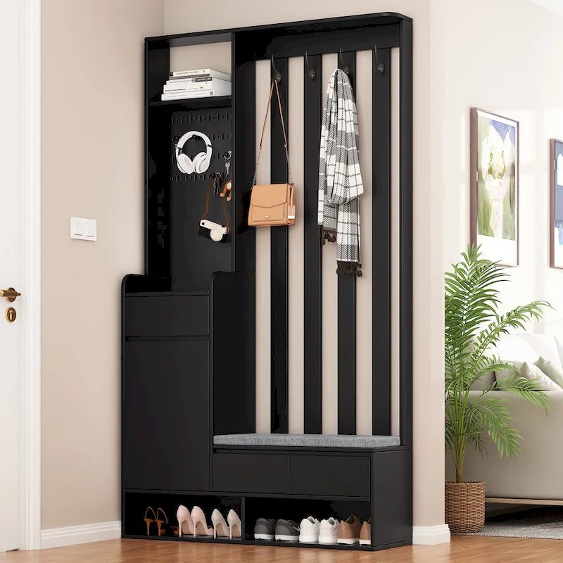 39.3Wx70.8H Hall Tree Storage with Cushioned Storage Bench,Multifunctional Hallway Shoe Cabinet,Pegboard,Coat Rack,4 Hooks