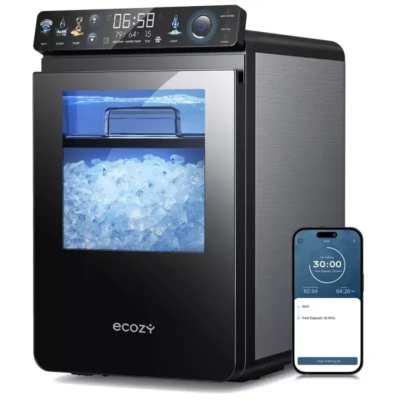 ecozy Smart Nugget Ice Maker Countertop, Pebble Ice Machine with APP Control, 44 lbs Per Day with Self-Cleaning, Stainless Steel