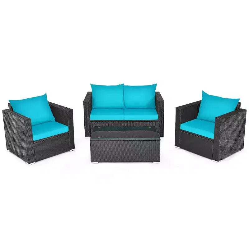 Costway 4PCS Patio Rattan Cushioned Sofa Chair Coffee Table Turquoise