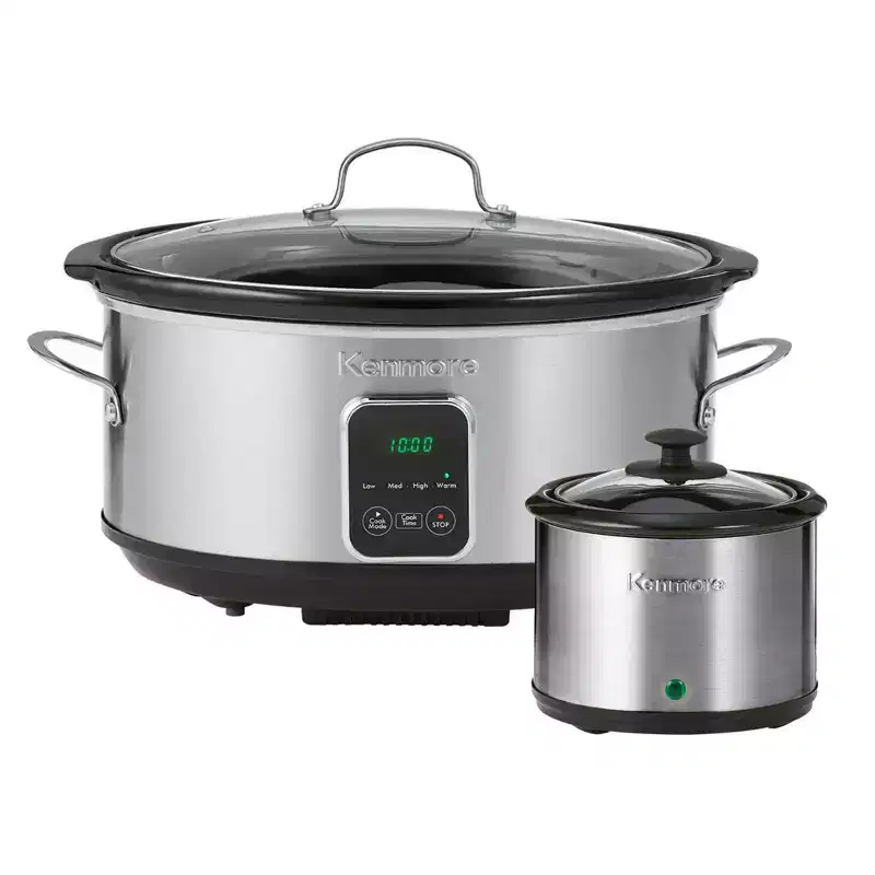 Kenmore 7qt Slow Cooker with Dipper Stainless Steel Black 80010: Programmable, Digital Timer, Removable Ceramic Pot