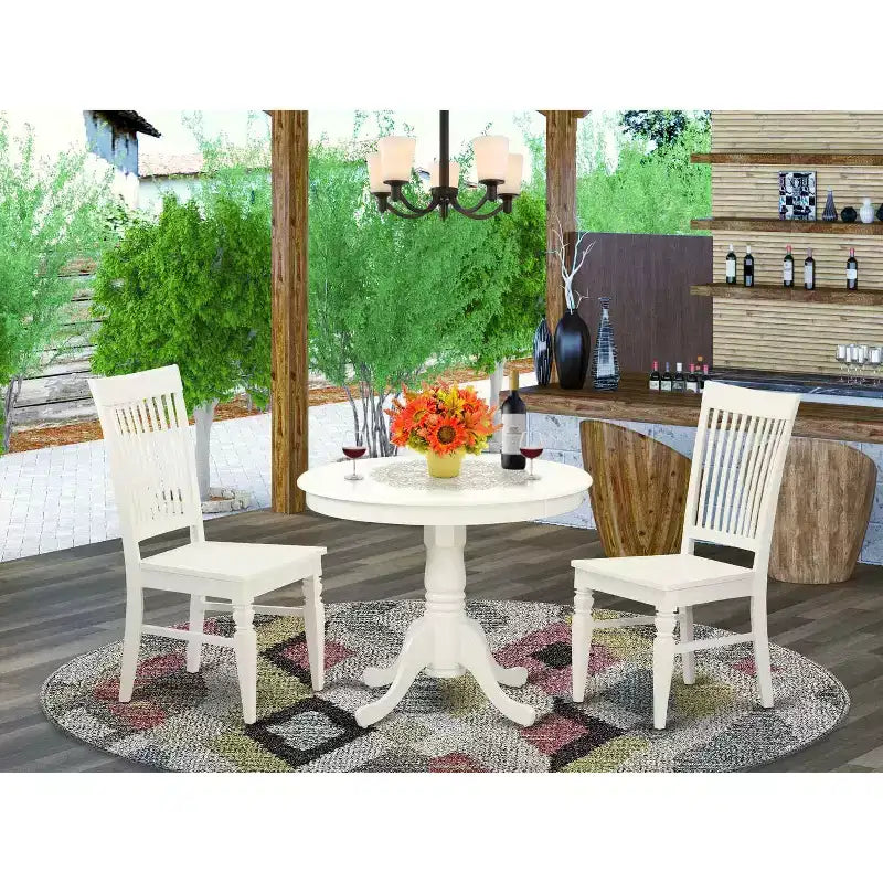 3-Piece Linen White Finish Solid Wood Top - Dining Room Set - Seats 4