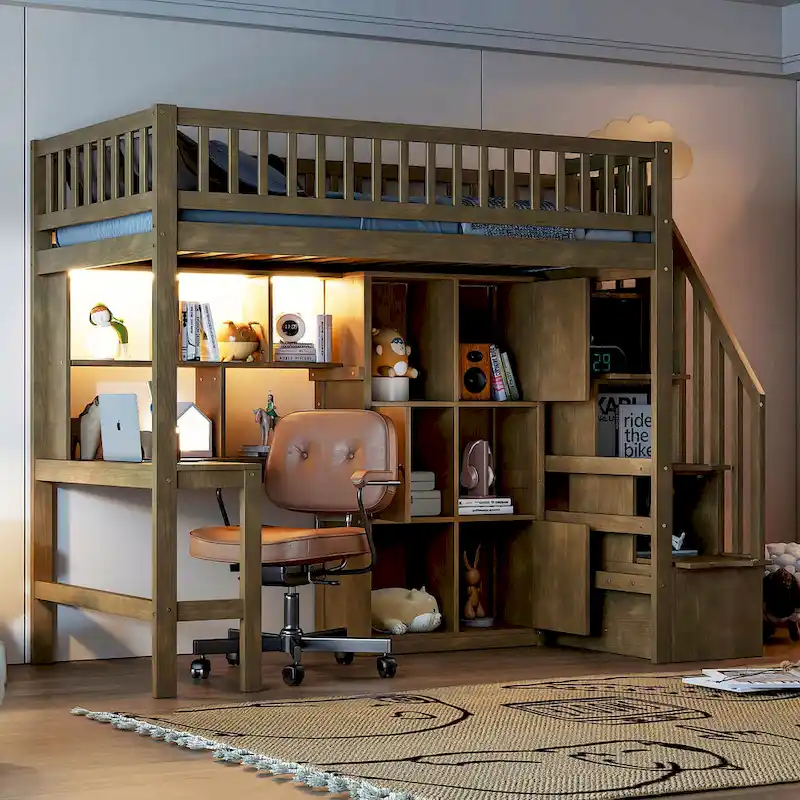 Solid Wood Loft Bed with Built-in Desk and LED, Twin Size Frame with Storage Shelves, Cabinets & Storage Staircase for Kids