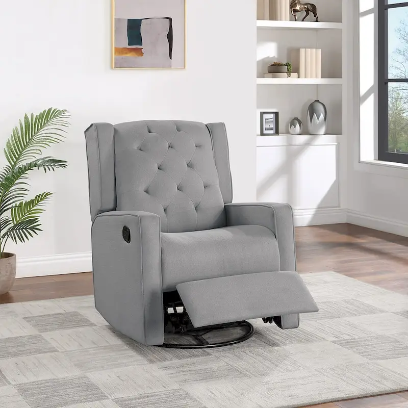 Contemporary Polyfiber Swivel Recliner Chair 1pc Manual Motion Wing Back Tufted Cushion Living Room Furniture Glider Chair
