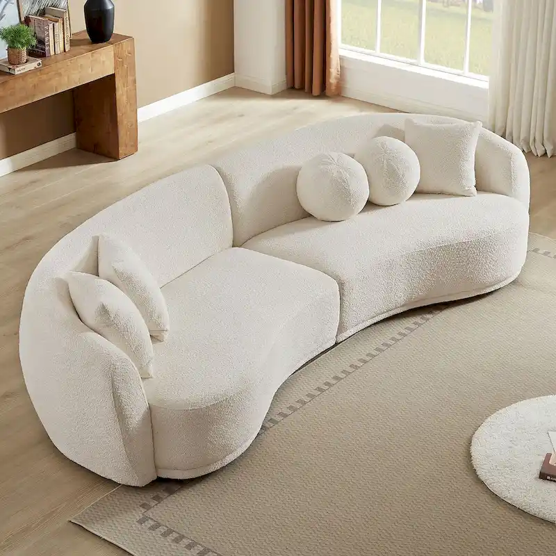 Sofa Soft Comfy Teddy Fabric Upholstered Deep Seat Sectional Couch with 5 Decorative Throw Pillows