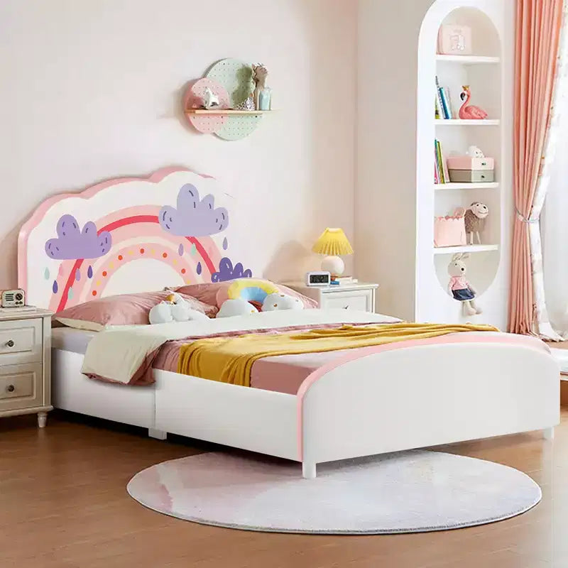 Kids Upholstered Platform Bed, Children Twin Size Wooden Bed with Rainbow Pattern