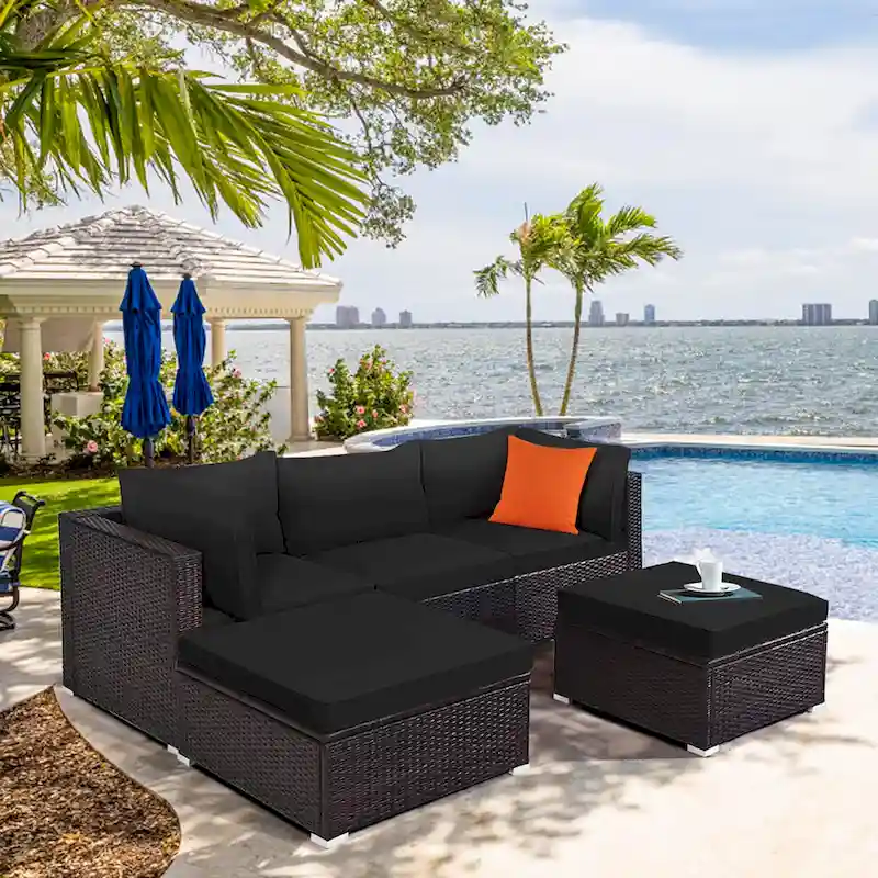 5PCS Patio Rattan Furniture Set Sectional Conversation Set Black