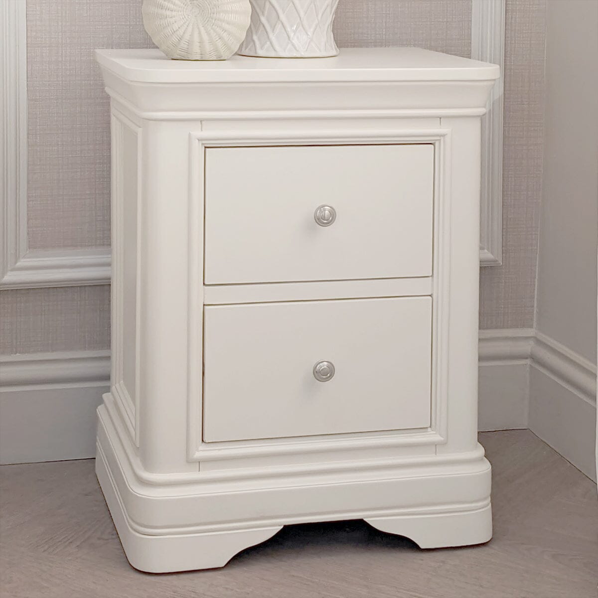 White Wooden 2 Drawer Bedside Table