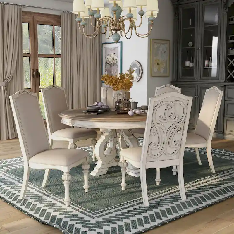 Caelum Farmhouse White Fabric Upholstered 7-Piece Round Dining Set By The Gray Barn