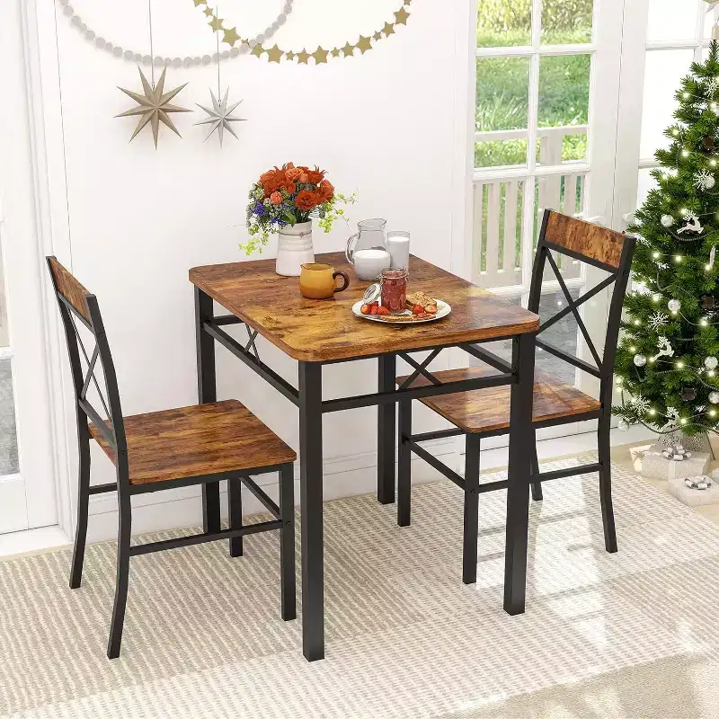 Zevemomo 3-Piece Dining Table Set for 2 with Small Table and 2 Curved Backrest Chairs for Small Apartment, Kitchen, Brown