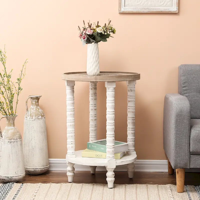 The Gray Barn Dullahan Road Distressed White and Natural Wood Round Accent Side End Table with Storage