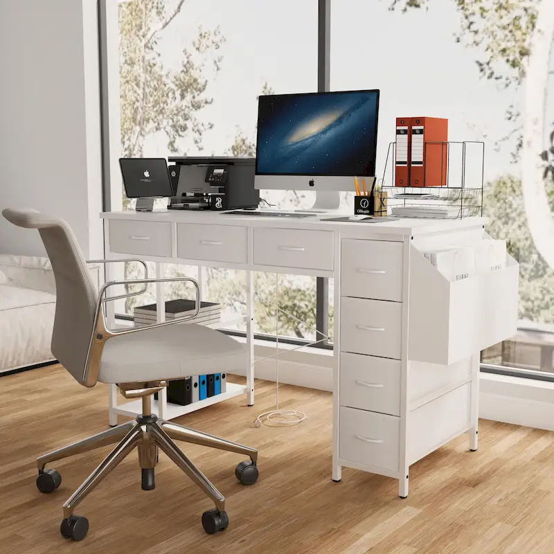 Modern Computer Desk with 7 Drawers and Built In Power Station for Gaming and Studying or Home Office Setup