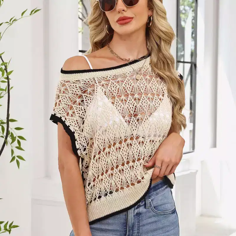 Coolmee Women's Crochet Cover Up Tops Summer Short Sleeve Off Shoulder Sweater Shirts Beach Swimsuit Coverup