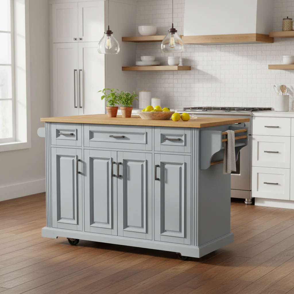 54inch Kitchen Island with Rubber Wood Drop Leaf, Embossed Texture Rolling Kitchen Cart on 4 Wheels with 4 Doors and 3 Drawers