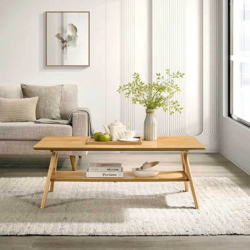 Roundhill Furniture Arona Mid-Century Modern Wood Coffee Table with Shelf