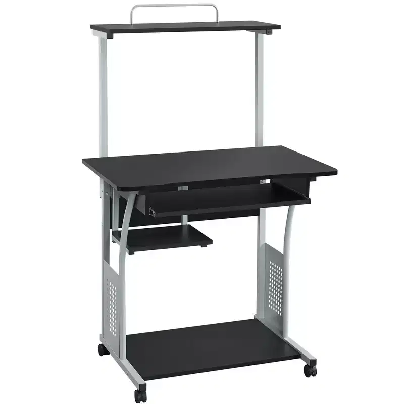 Black / Rustic Brown Computer Desk with Printer Shelf & Keyboard Tray, 1-Person