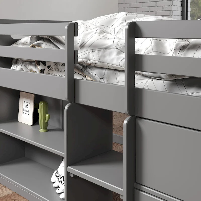 Twin Size Solid Wood Loft Bed with Storage and Fence