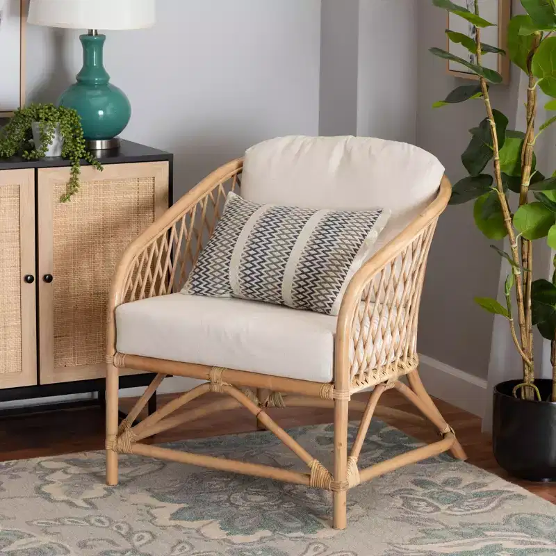 bali & pari Patsy Modern Bohemian White Fabric and Natural Brown Rattan Armchair