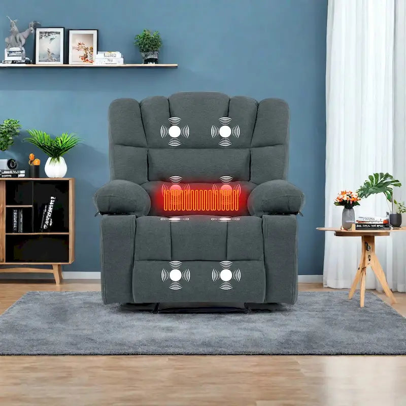 Grey Chenille Manual Recliner Chair with Massage, Heating, Cup Holders for 1 Person