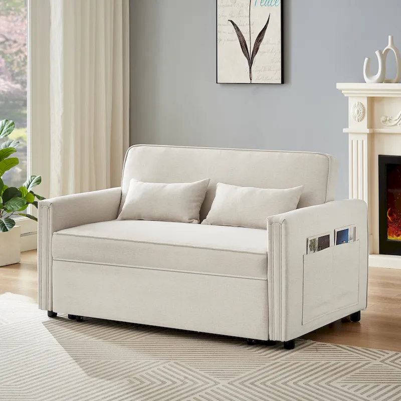 Linen Convertible Loveseat Sleeper Sofa with Adjustable Backrest - 38.60 x 54.00 x 31.90