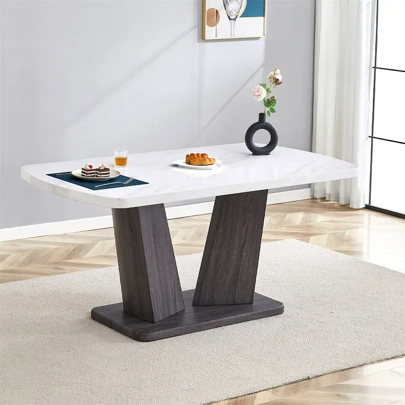 Merax Modern Dining Table with V-Shape MDF Base/ Linen Tufted Dining Room Chairs Set of 6