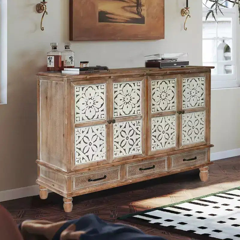 GDFStudio Patel Rustic Fir Wood 59.05'' Storage Sideboard Cabinet with 3 Drawers
