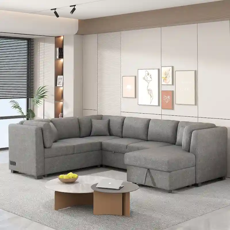 MERAX Sectional Sofa Pull out Sofa Bed with Storage Chaise