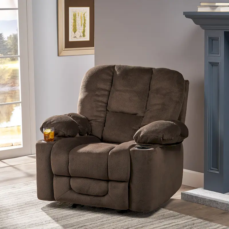 Roomfitters Luxurious Manual Recliner Chair in Chocolate with Skin-Friendly Fabric and Dual Cup Holders
