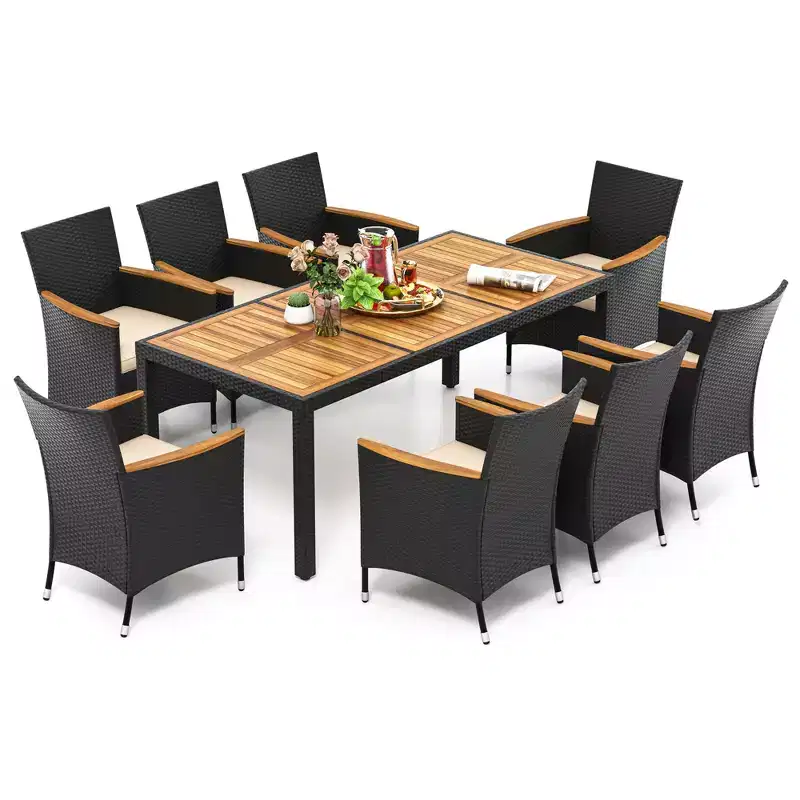Costway 9 PCS Outdoor Dining Set with Acacia Wood Tabletop, Umbrella Hole, Seat Cushions