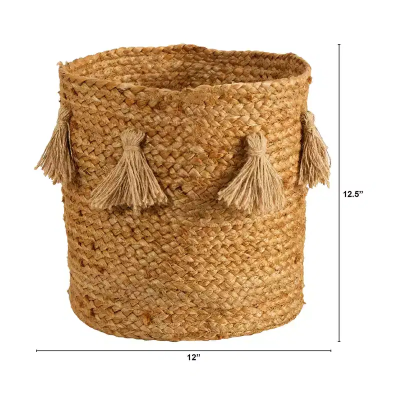 Nearly Natural 12.5-in Boho Chic Natural Hand-Woven Jute Basket Planter with Tassels
