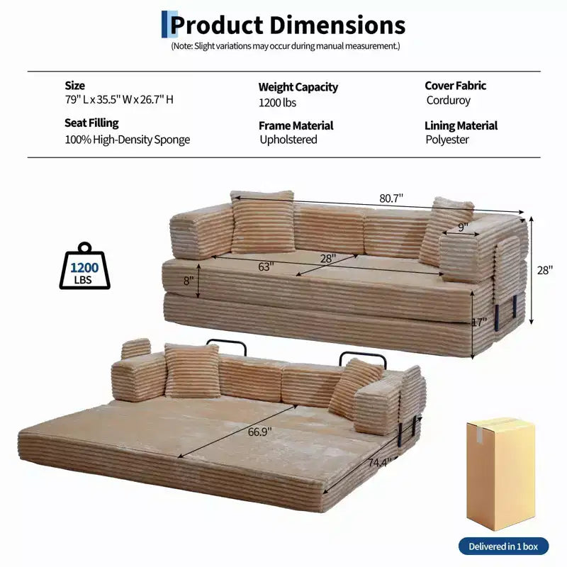 80.7 5-in-1 Convertible Sleeper Sofa Bed 鈥?Corduroy, 1200 lbs, No Assembly