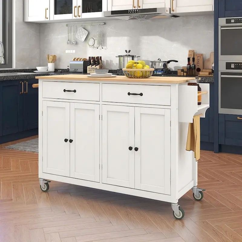 54.3  W Solid Wood Countertop Kitchen Cart with 4 Door Cabinet and 2 Drawers