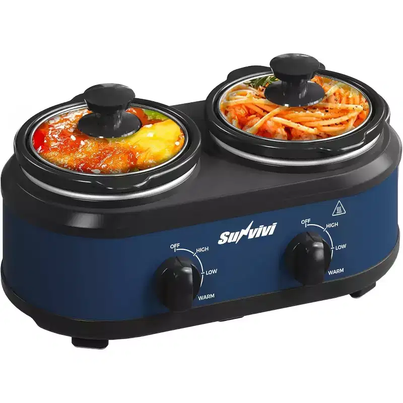Heynemo Dual Slow Cooker, Buffet Server Warmer with 2 Removable Ceramic Pots, Slow Cooker Food Warmer with 3 Adjustable Temp,2 x 1.25 QT, Blue
