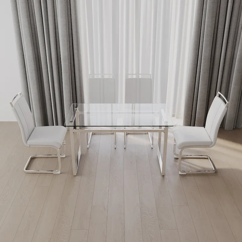 Modern 5-Piece Dining Set with Rectangular Glass Table & High Back Silver-Plated Legs Dining Armless Chairs