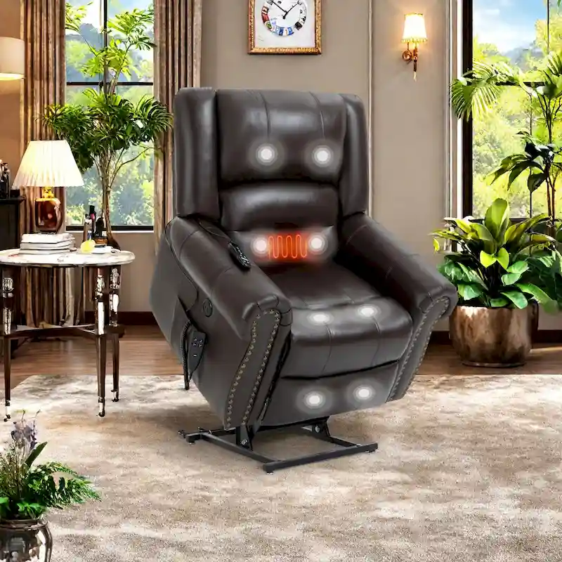 Genuine Leather Power Lift Recliner Chair with Massage and Lumbar Heat, USB Ports