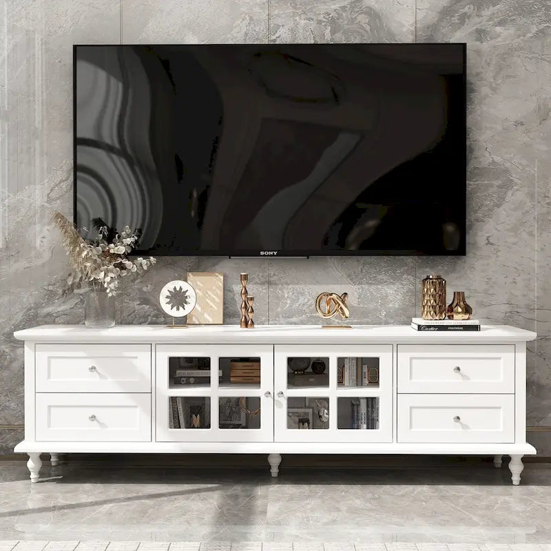 70.9-Inch TV Stand – White, Modern Style, Tempered Glass Doors & 4 Drawers