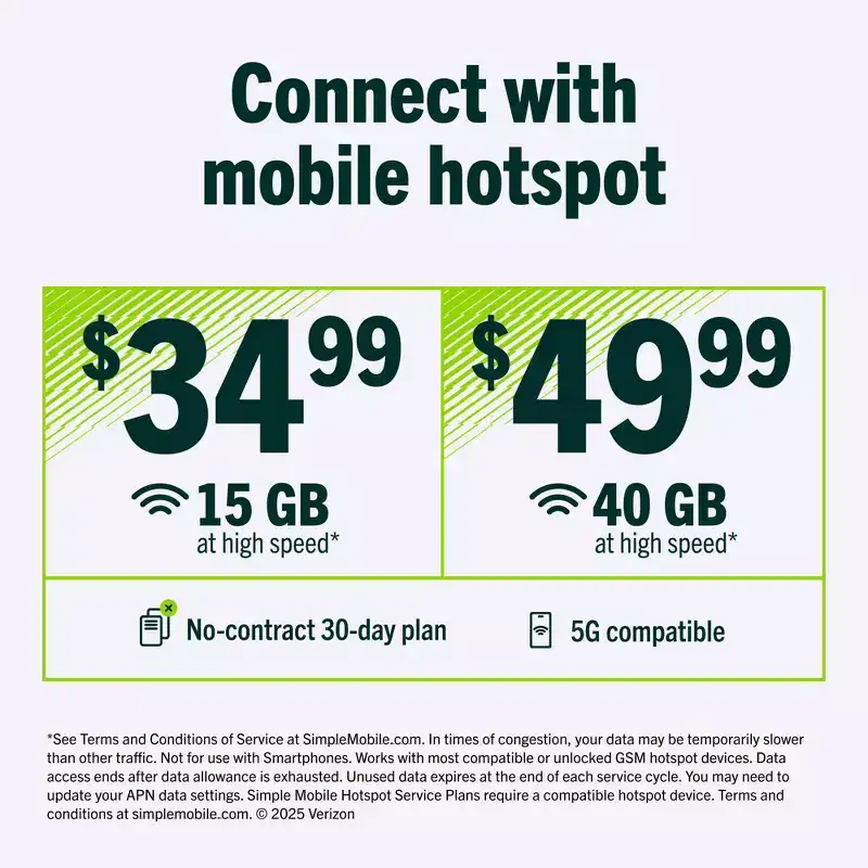 SIMPLE MOBILE Mobile Hotspot 15GB Data 30 Day Plan (EMAIL DELIVERY)- $34.99