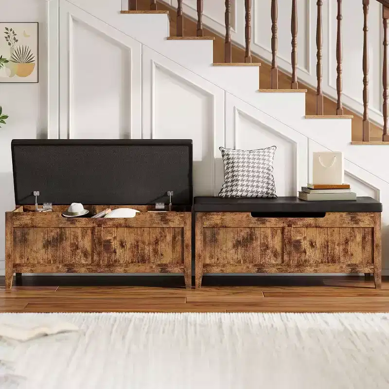 39" Storage Bench with Cushion Seat and Safety Hinges – Entryway & Bedroom Shoe Organizer