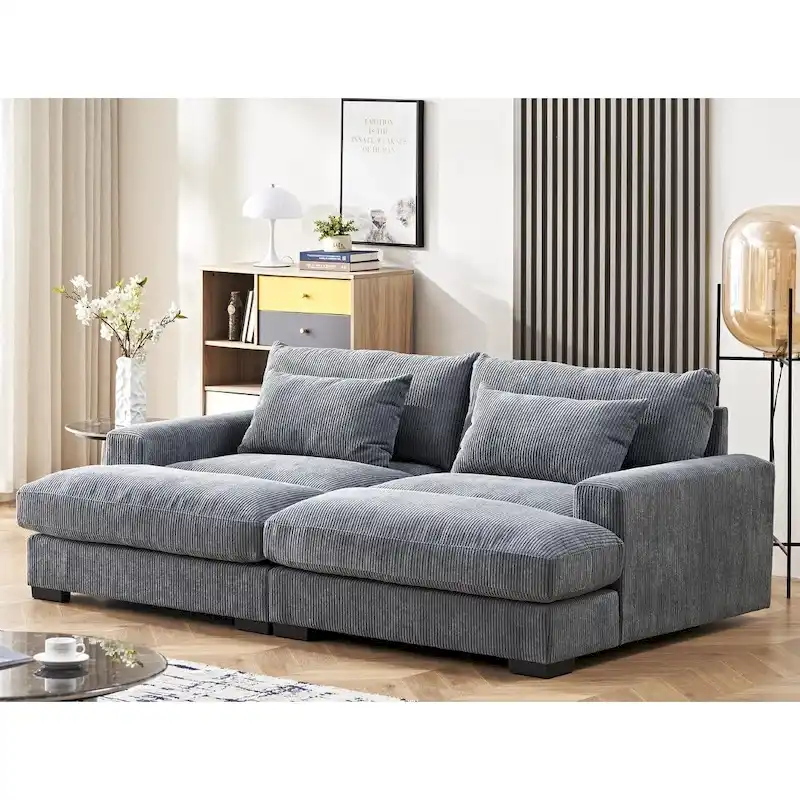 Luxe Sleeper Sofa with Soft Corduroy Upholstery Double Chaise Design Convertible to Twin Size Bed Extra Large