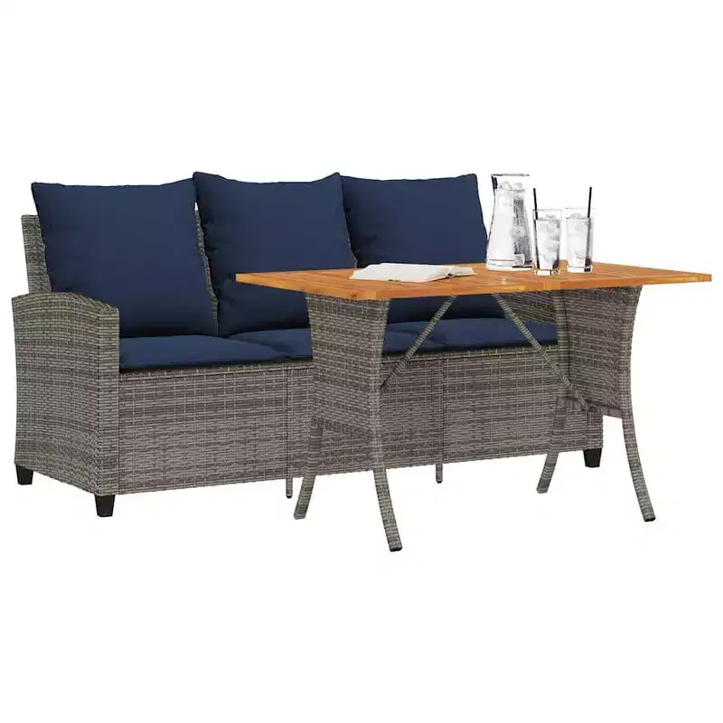 vidaXL Patio Sofa 3-Seater with Cushions&Table Gray Poly Rattan