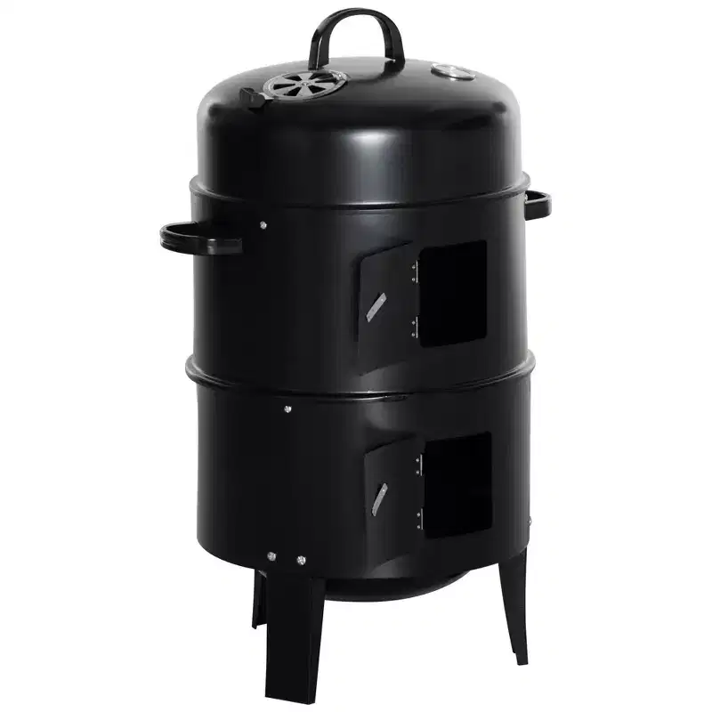 3-in-1 Vertical Charcoal BBQ Smoker Grill with 2 Cooking Areas and Thermometer