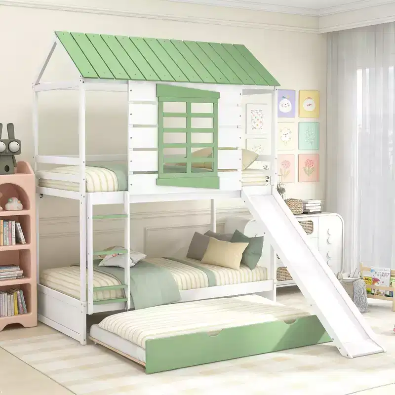 Twin over Twin Size House Bunk Bed with Convertible Slide