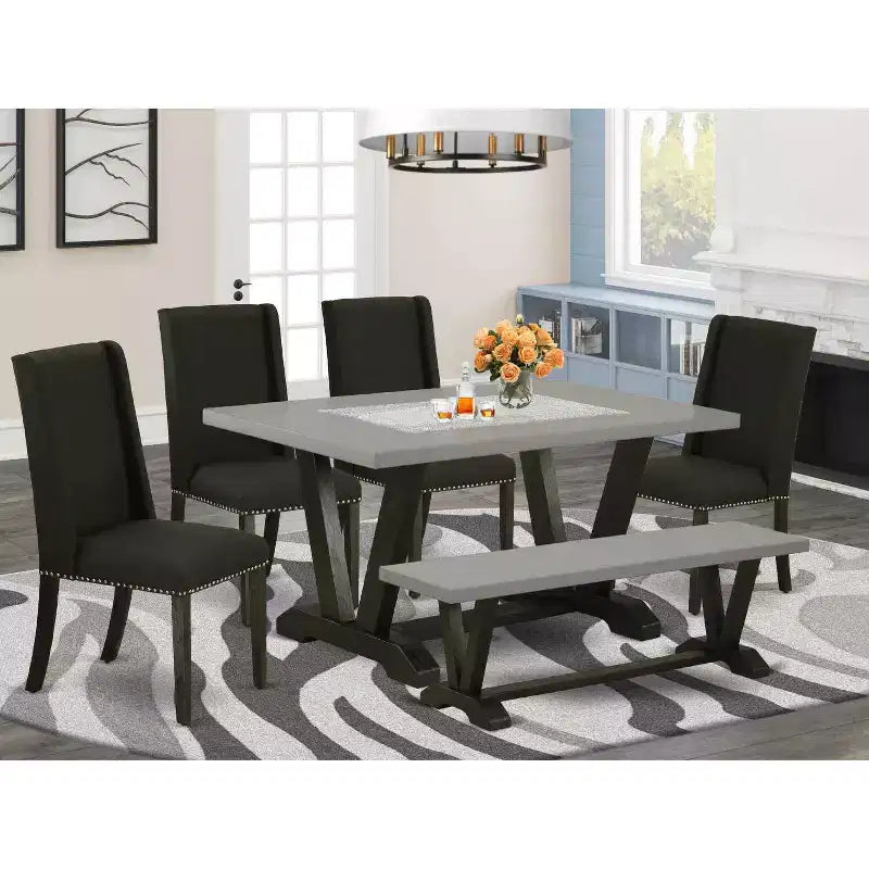HomeStock 6-Pc Rectangle Natural Oak Finish Solid Wood Top Dining Table with 1-Bench, 4 Upholstered-Chairs