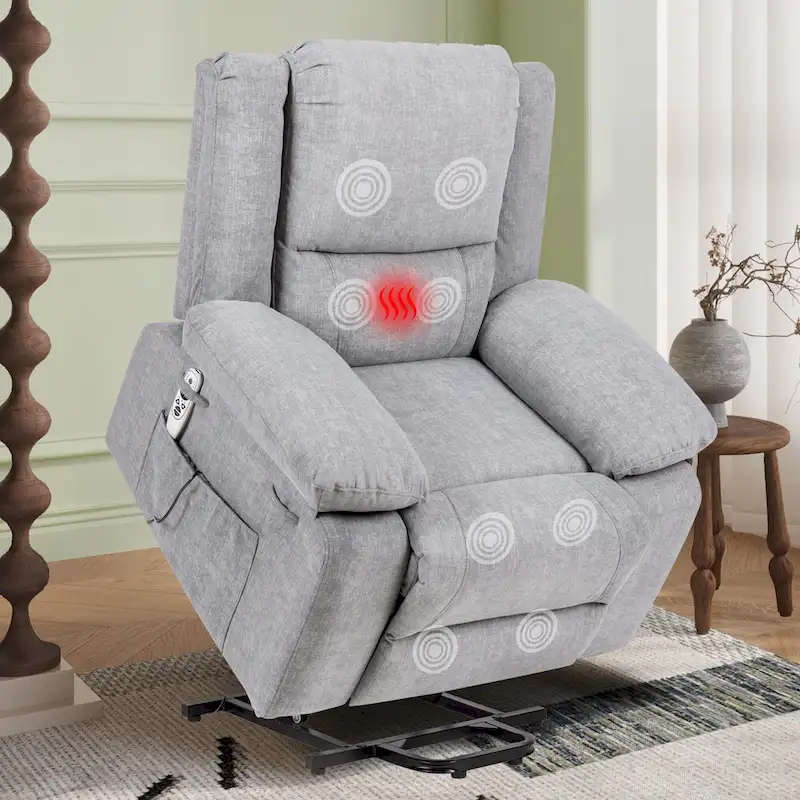 Light Grey Velvet Power Lift Recliner Chair with Massage Points, Lumbar Heating, and Storage Pocket