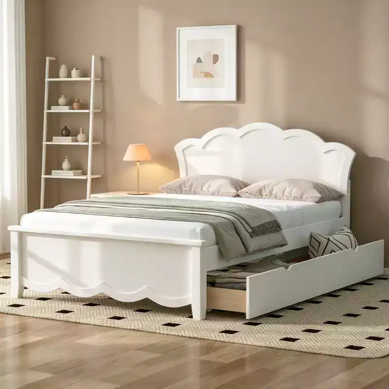 White Storage Platform Bed with Headboard, 2 Drawers 鈥?Twin/Full