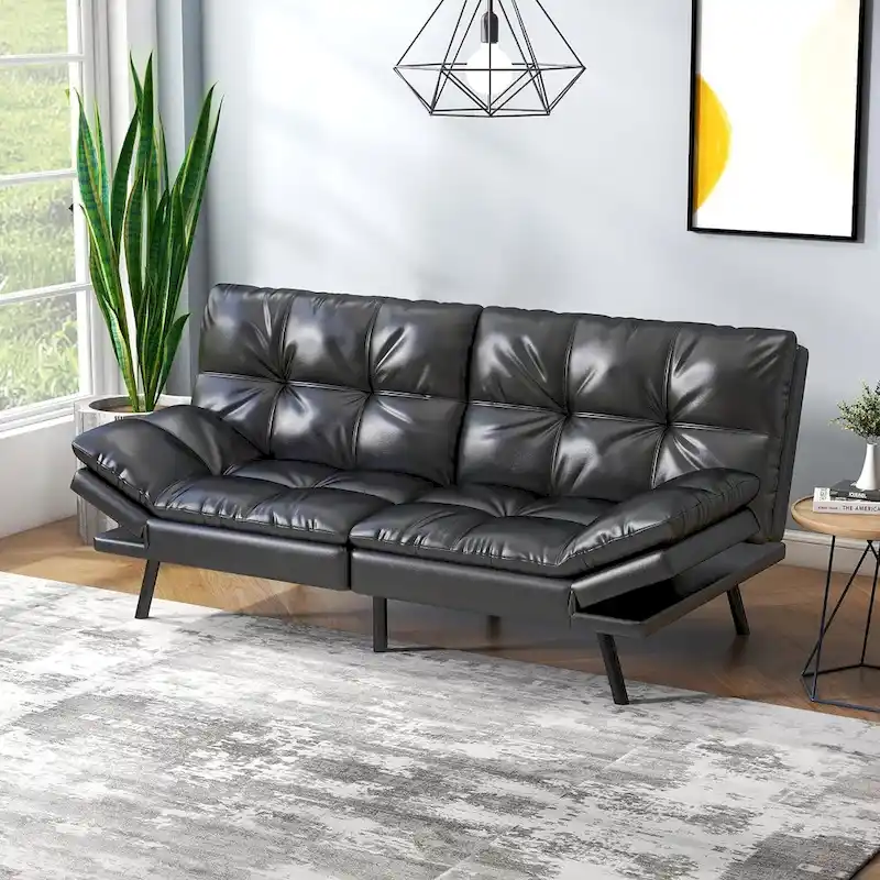 Futon Sofa Bed with Memory Foam and Adjustable Armrests for Small Spaces
