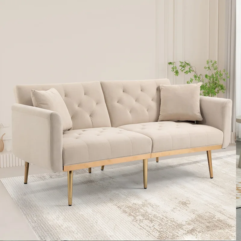 Velvet Upholstered Minimalist Tufted Metal Foot Double Seat Sofa Bed for Living Room